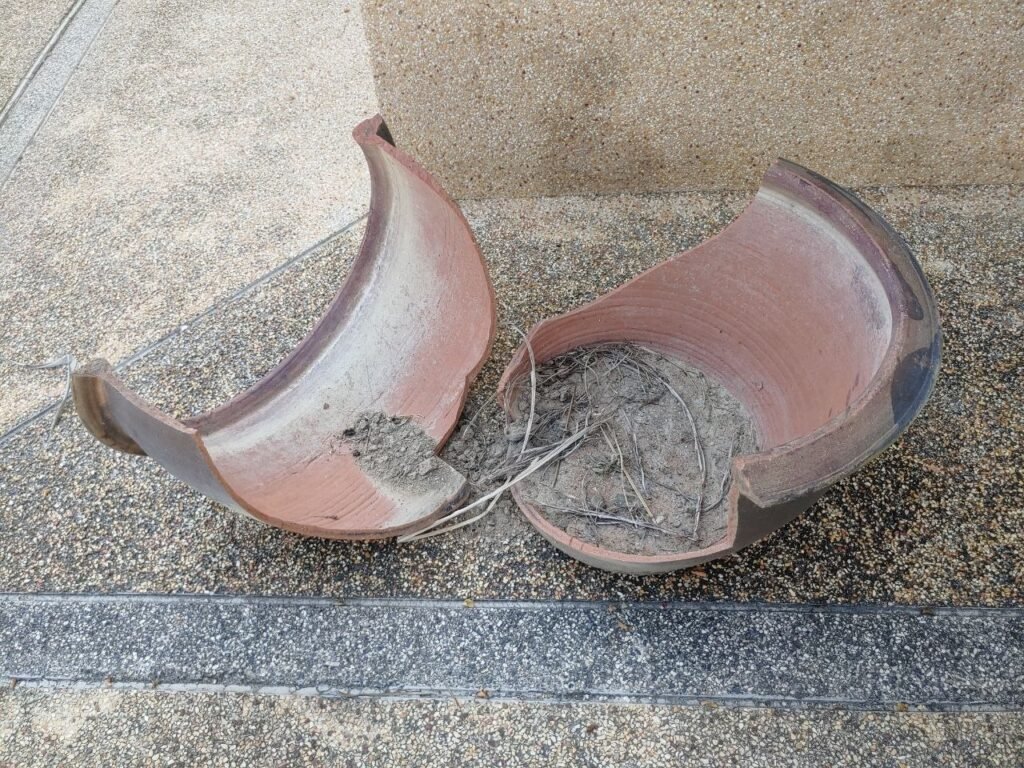 Large outdoor pot on concrete broken in two