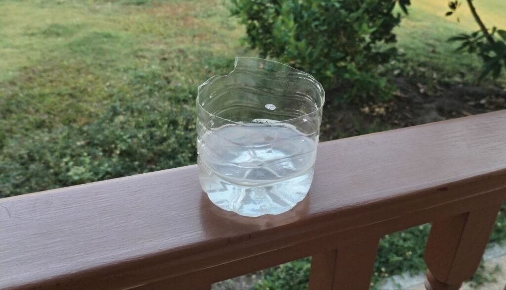 A picture of a home-made water trap made of the cut-off bottom of a water bottle. The trap is on a railing in the garden on a veranda
